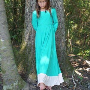 Girls Omi Jo Arcadia Maxi Dress Teal Green Pink Trim Long Stretch Knit Long sz 5